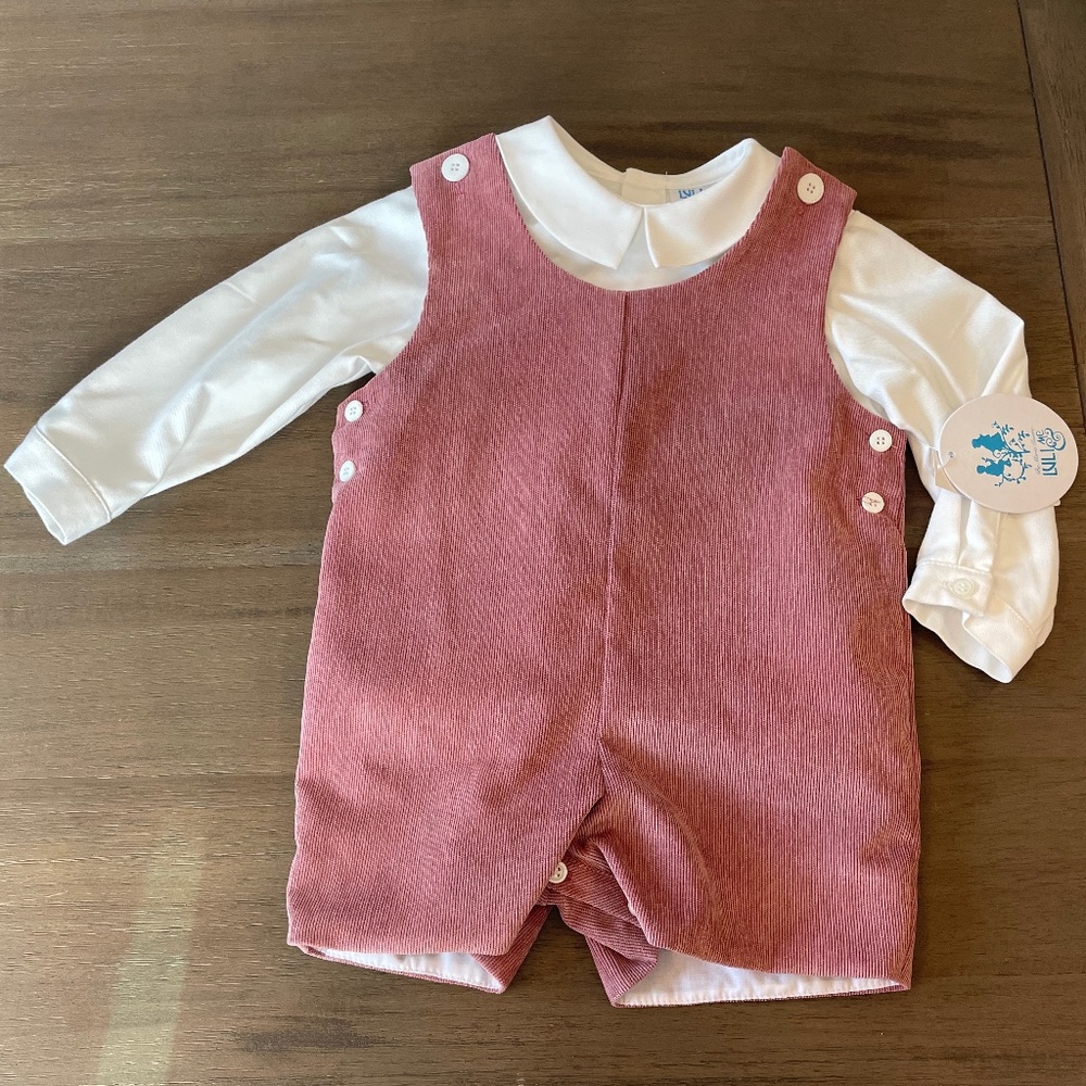 New Infant Baby Luli & Me Dusty Rose Corduroy Overall & Shirt Set